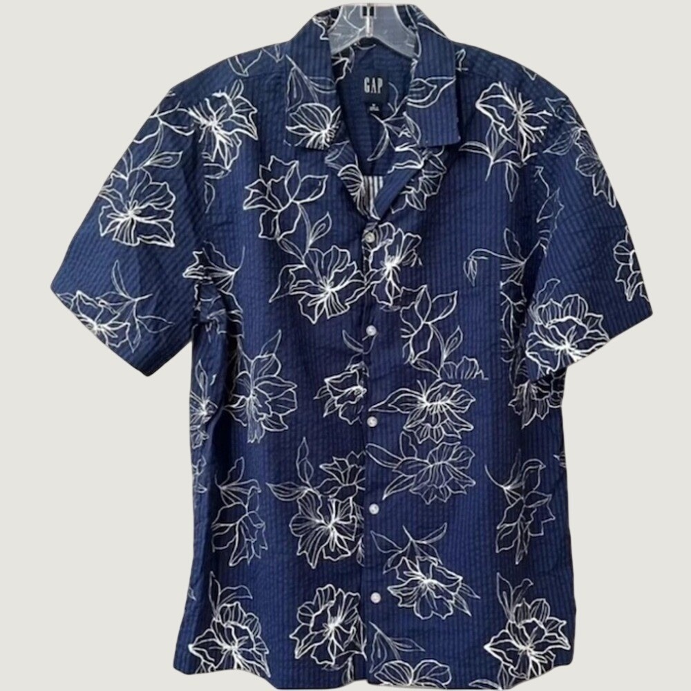 GAP Mens Floral Seersucker Button Down Shirt Medium Blue Short Sleeve NWT - Picture 1 of 7